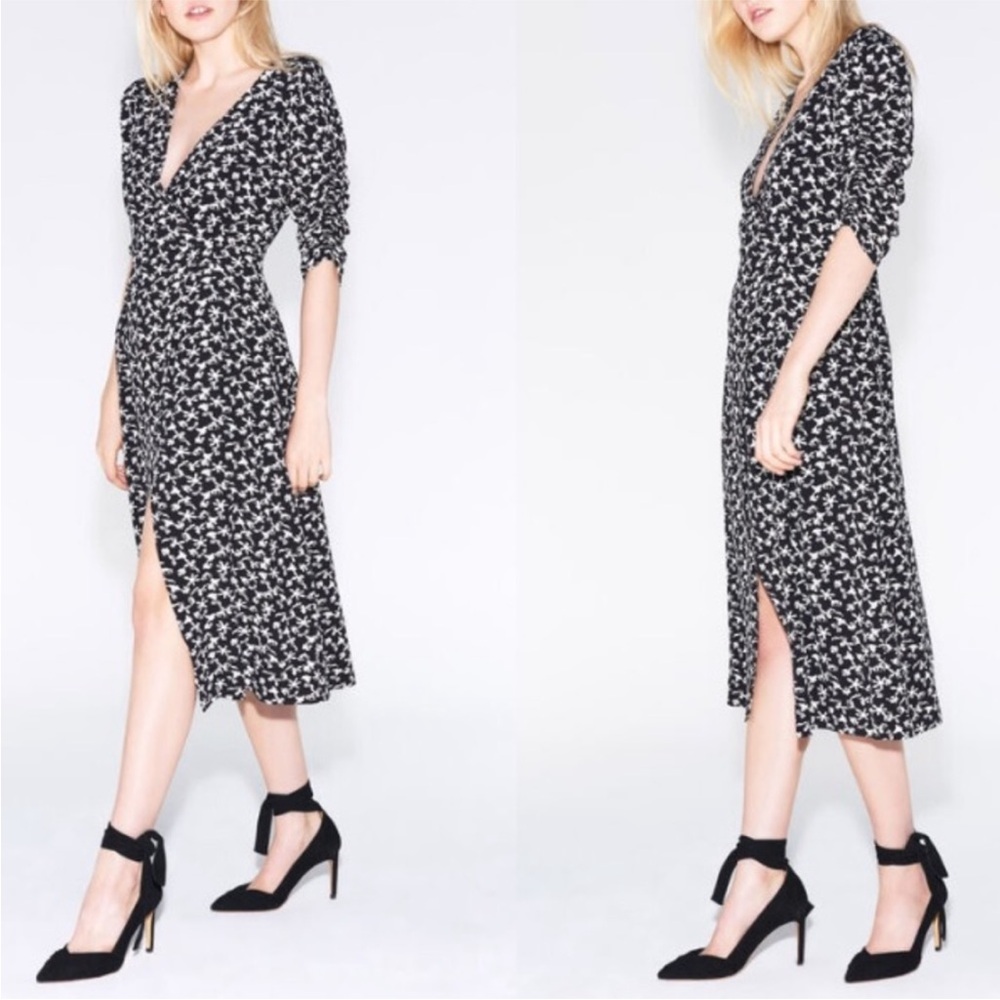 BA&SH Women's Coachella VNeck Black White Floral Midi Dress Fawn Dove Print SZ 1